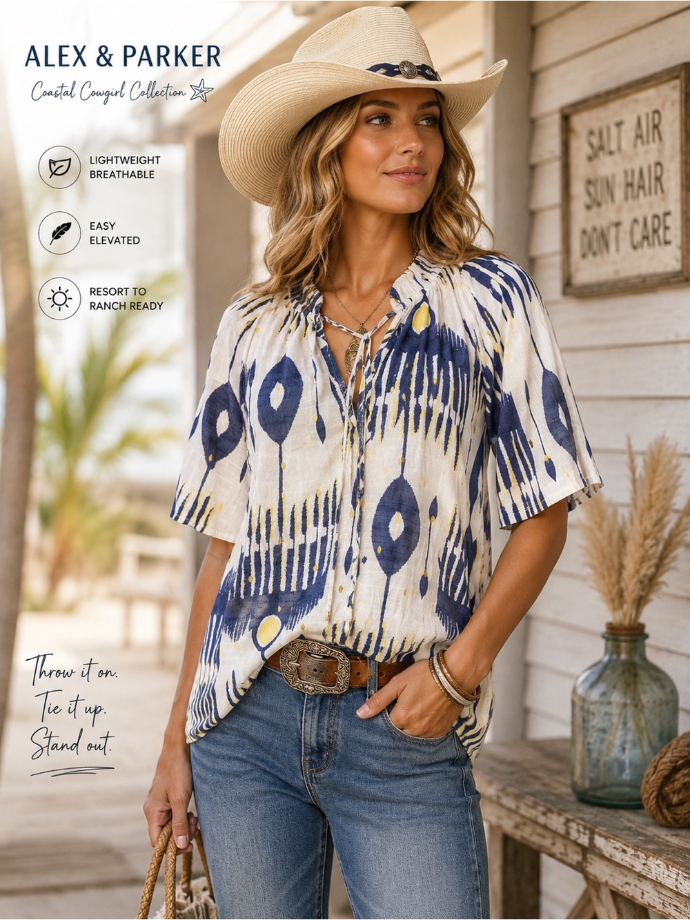 Alex & Parker Ikat Metallic Gold Foil Peasant Tunic Coastal Cowgirl Top, Size 2X